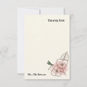 Tarjeta De Agradecimiento Floral Oscura Libélula Esmeralda y Hortensia