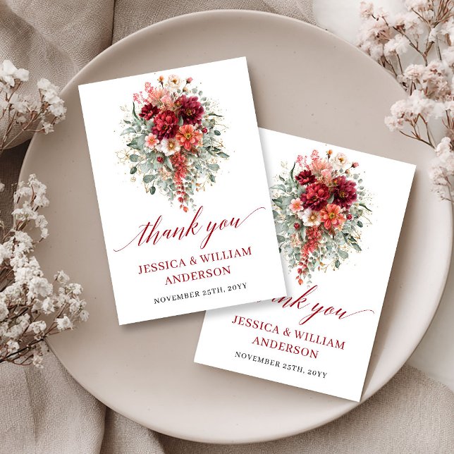 Tarjeta de agradecimiento floral otoñal marrón rús (Rustic Maroon Autumn Floral Thank You Card

)