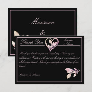 Tarjeta De Agradecimiento Floral Pastel Rosa en Elegante Boda Negra