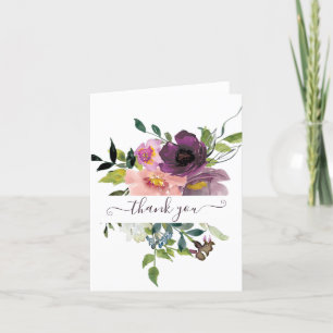 Tarjeta De Agradecimiento Floral personalizada con acuarela rosa y morado th