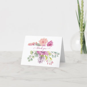 Tarjeta De Agradecimiento Floral personalizada de acuarela en tonos rosa y m
