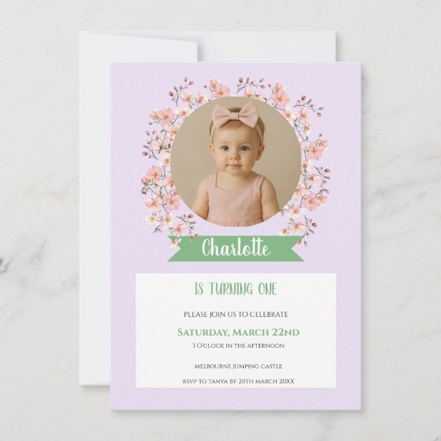 Tarjeta De Agradecimiento Floral Photo Birthday Invitation for Girl (Anverso)