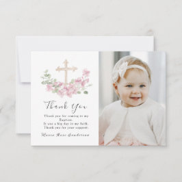 Tarjeta De Agradecimiento Floral Pink Baptism Cross Thank you Photo Card
