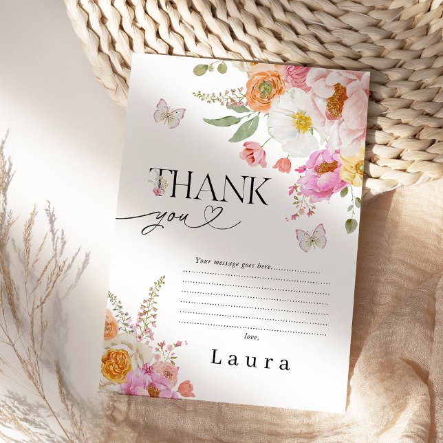 Tarjeta De Agradecimiento Floral Pink Butterflies Baby In Bloom Baby Shower (Baby in Bloom Baby Shower Favor Tag Girl, Modern Floral Baby Shower Tag, Floral Baby Shower Tags)