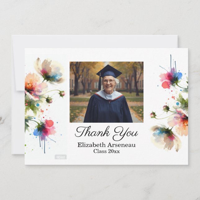 Tarjeta De Agradecimiento Floral Pink Photo Graduation Personalize (Anverso)