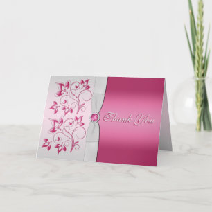 Tarjeta de agradecimiento floral plateada y rosa