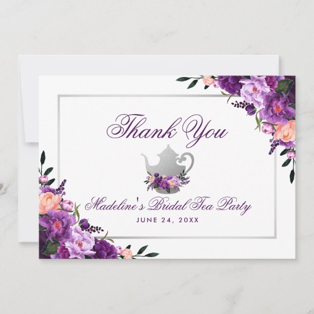 Tarjeta De Agradecimiento Floral Purple Bridal Tea Fiesta Gracias (Anverso)