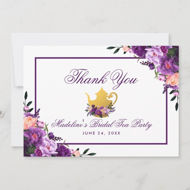 Tarjeta De Agradecimiento Floral Purple Gold Bridal Tea Fiesta Gracias (Anverso)