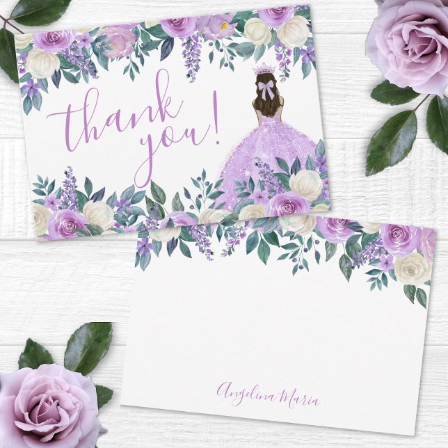 Tarjeta De Agradecimiento Floral Purple Quinceañera (Floral Purple Quinceañera Thank You Card)