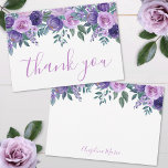 Tarjeta De Agradecimiento Floral Purple Quinceañera Birthday<br><div class="desc">Envía un sincero mensaje de gratitud con esta hermosa tarjeta de agradecimiento, que presenta un suave tema floral de color morado. El frente muestra delicados rosas y flores en una variedad de tonos morados, desde violeta hasta lila suave y violeta, emparejados con hojas verdes exuberantes para un aspecto elegante y...</div>