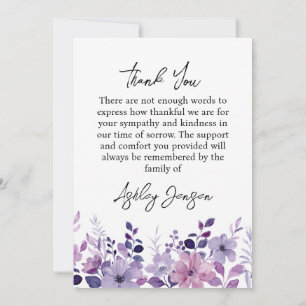 Tarjeta de agradecimiento floral púrpura de simpat
