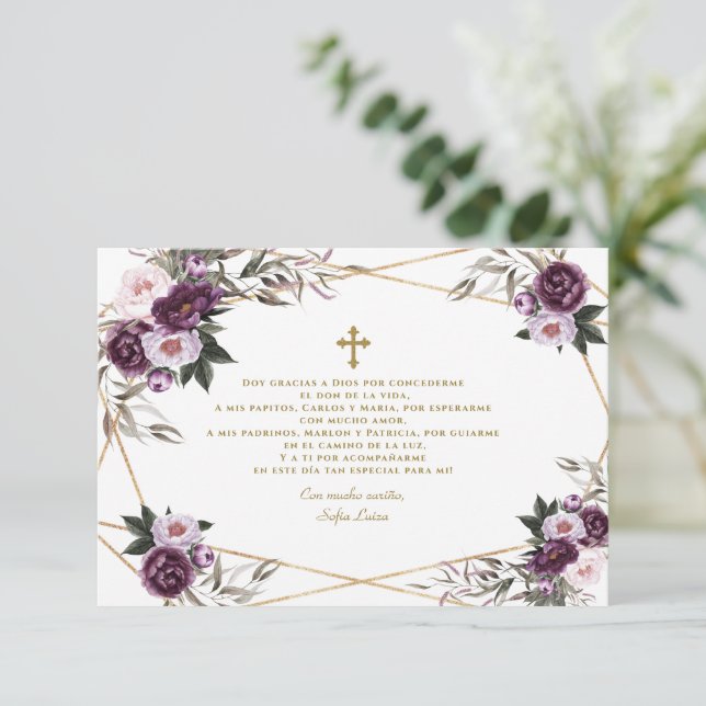 Tarjeta De Agradecimiento Floral púrpura española Gracias con oración bautiz (Anverso de pie)