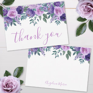 Tarjeta De Agradecimiento Floral Púrpura Quinceañera Cumpleaños