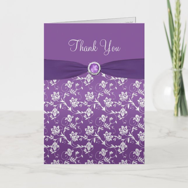 Tarjeta de agradecimiento floral púrpura y platead (Anverso)
