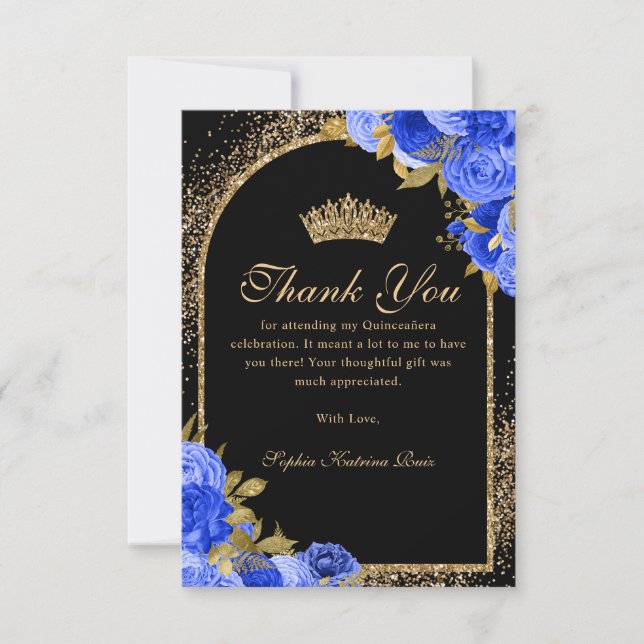 Tarjeta De Agradecimiento Floral Quinceanera, Purpurina real azul de oro neg (Anverso)