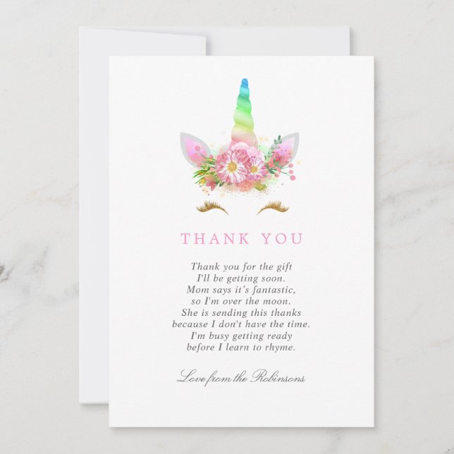 Tarjeta De Agradecimiento Floral Rainbow Unicorn Chica Baby Shower Gracias (Anverso)