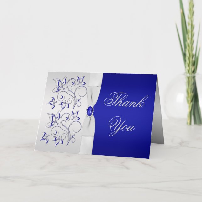 Tarjeta de agradecimiento floral real azul y plata (Anverso)