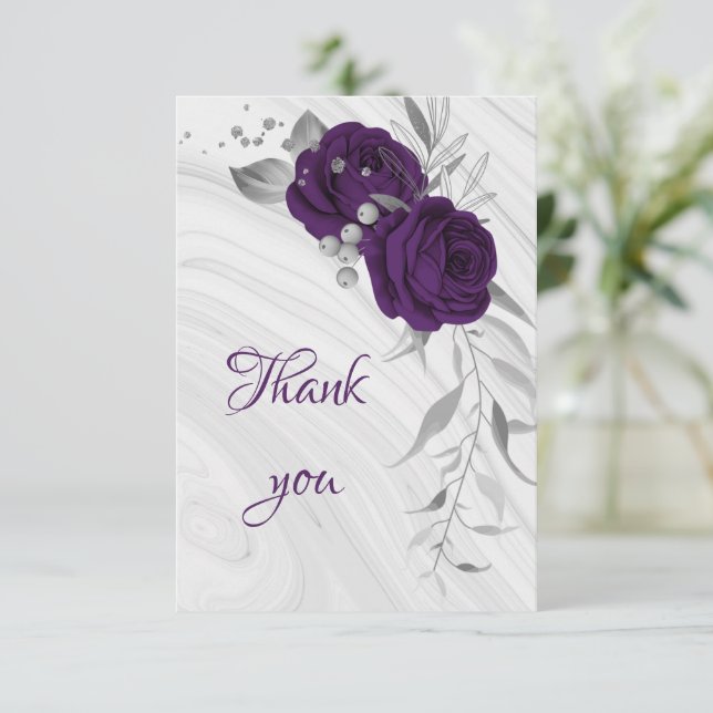 Tarjeta De Agradecimiento floral real morado plateado gris (Anverso de pie)