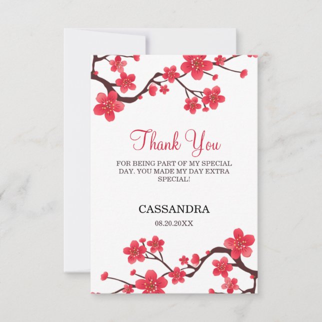 Tarjeta De Agradecimiento Floral Red Cherry Blossom Sakura Birthday (Anverso)