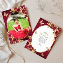 Floral Red Gold Tiara Butterfly Photo Quinceañera