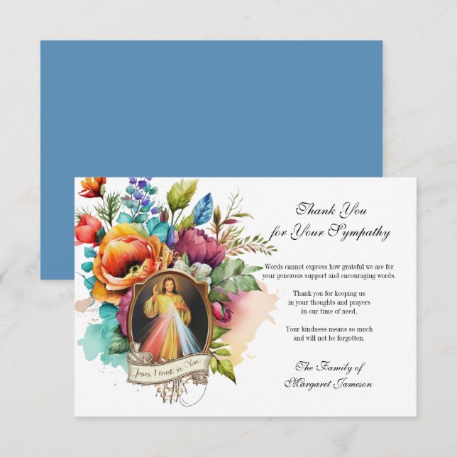 Tarjeta De Agradecimiento Floral religiosa Jesús Divina Condolencia de Miser (Anverso / Reverso)