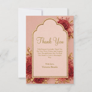 Tarjeta de agradecimiento floral roja y dorada
