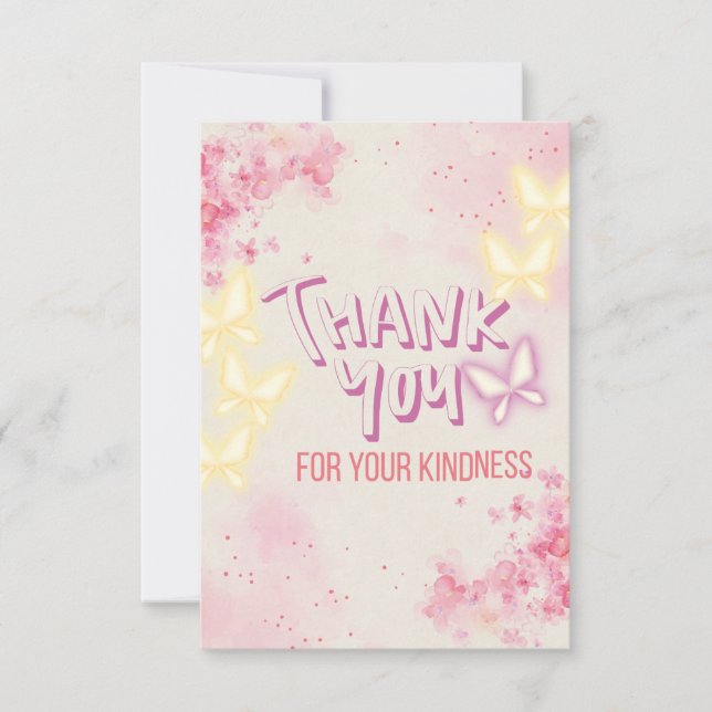 Tarjeta de agradecimiento floral rosa con mariposa (Anverso)