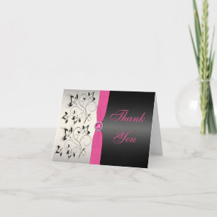 Tarjeta de agradecimiento floral rosa, plateada y 
