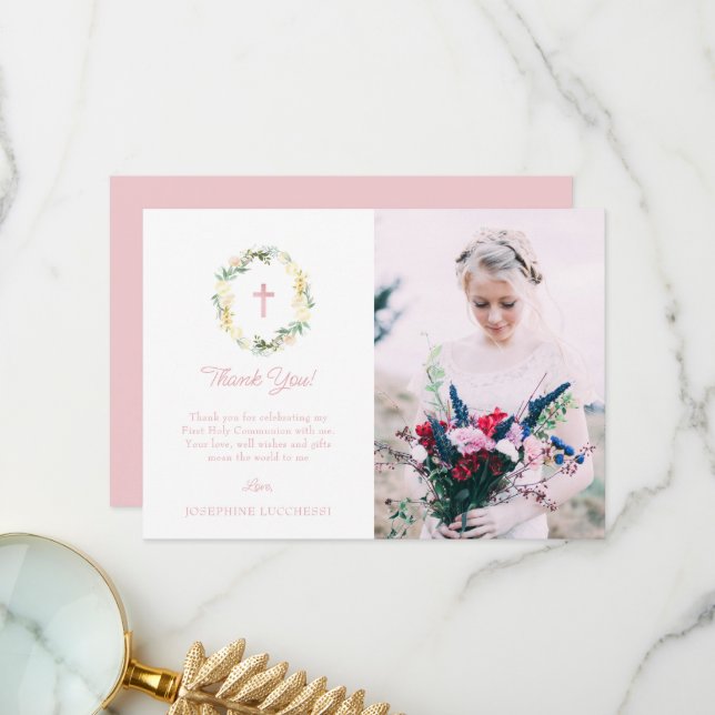 Tarjeta De Agradecimiento Floral rosa primera foto de la comunión sagrada (Anverso/Reverso In Situ)