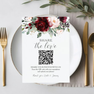 Tarjeta De Agradecimiento Floral Rosa Rubor Burdeos Chic Compartir Fotos QR