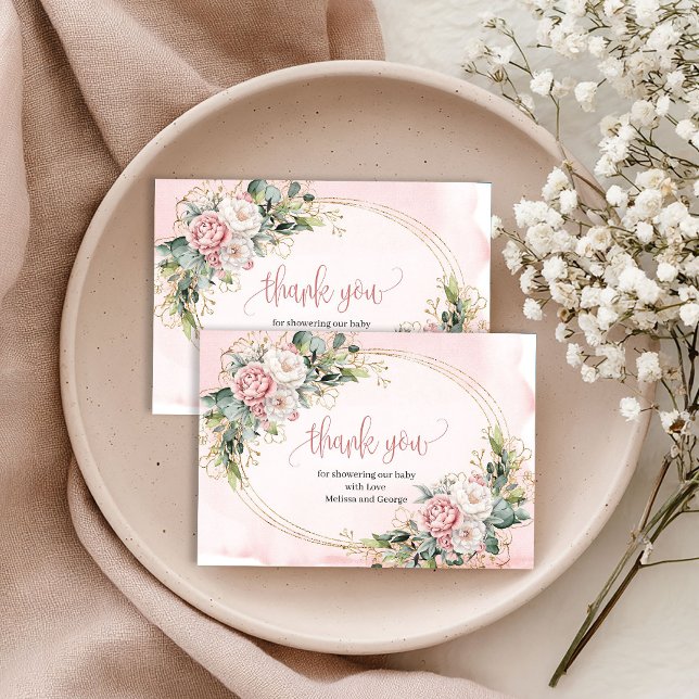 Tarjeta de agradecimiento floral rosa rústica con  (Rustic Blush Pink Floral Eucalyptus Thank You Card)