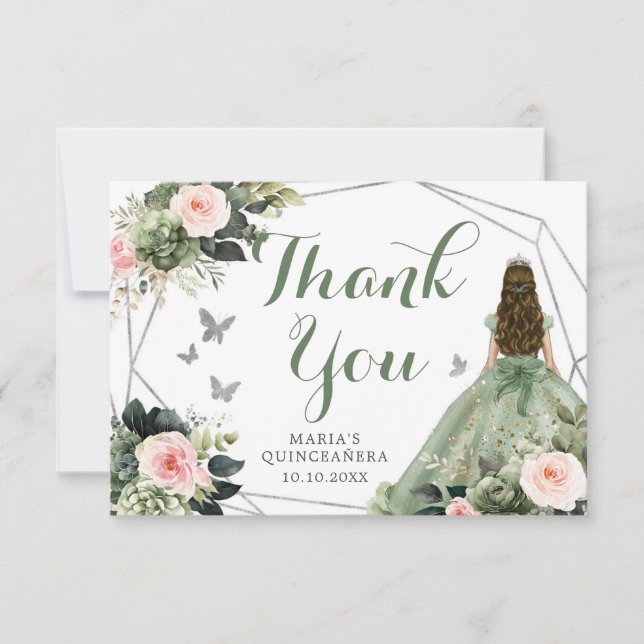 Tarjeta De Agradecimiento Floral rosa Sage Green Rubor Quinceañera (Anverso)