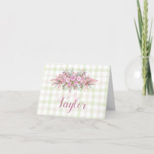 Tarjeta De Agradecimiento Floral rosa Wreath Green Gingham
