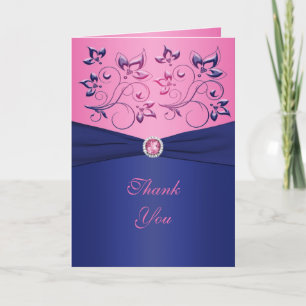 Tarjeta de agradecimiento floral rosa y azul marin