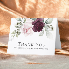 Tarjeta De Agradecimiento Floral rosa y borgoñona 80 cumpleaños gracias
