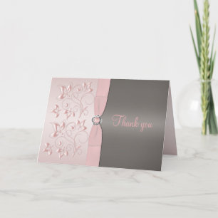 Tarjeta de agradecimiento floral rosa y gris