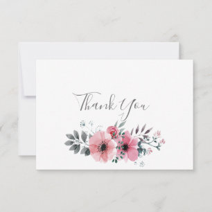 Tarjeta de agradecimiento floral rosa y gris