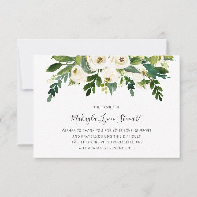 Tarjeta De Agradecimiento Floral Rosas Blancas Verdor Simpatía fúnebre (Anverso)