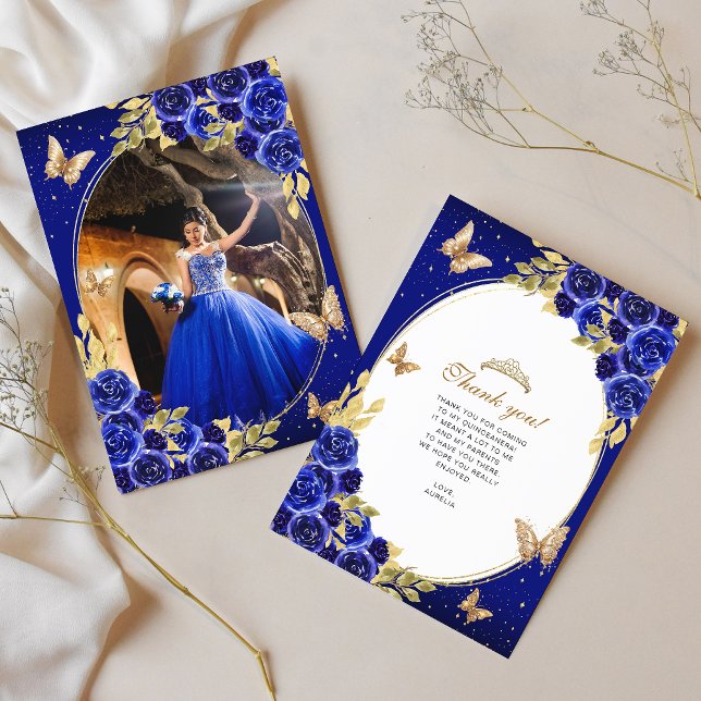Tarjeta De Agradecimiento Floral Royal Blue Gold Mariposa Quinceañera Foto (Subido por el creador)