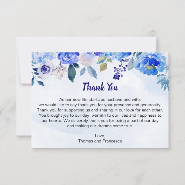 Tarjeta de agradecimiento floral Royal Blue Waterc (Anverso)