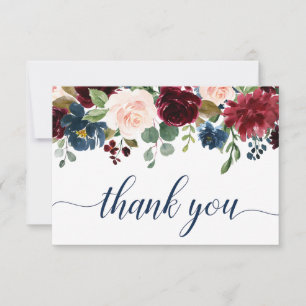 Tarjeta De Agradecimiento Floral Rubor azul de la Marina Borgoña