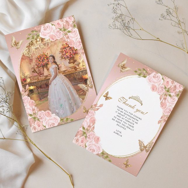 Tarjeta De Agradecimiento Floral Rubor Pink Gold Butterfly Quinceañera Photo (Subido por el creador)