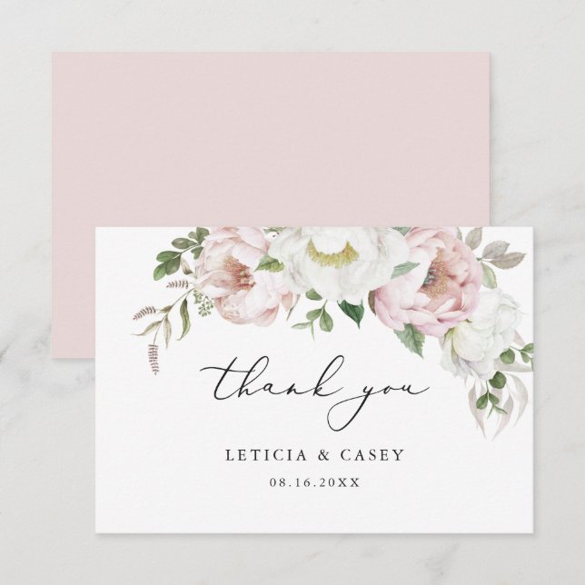 Tarjeta De Agradecimiento Floral Rubor Pink White Peony Romántico Gracias (Anverso / Reverso)