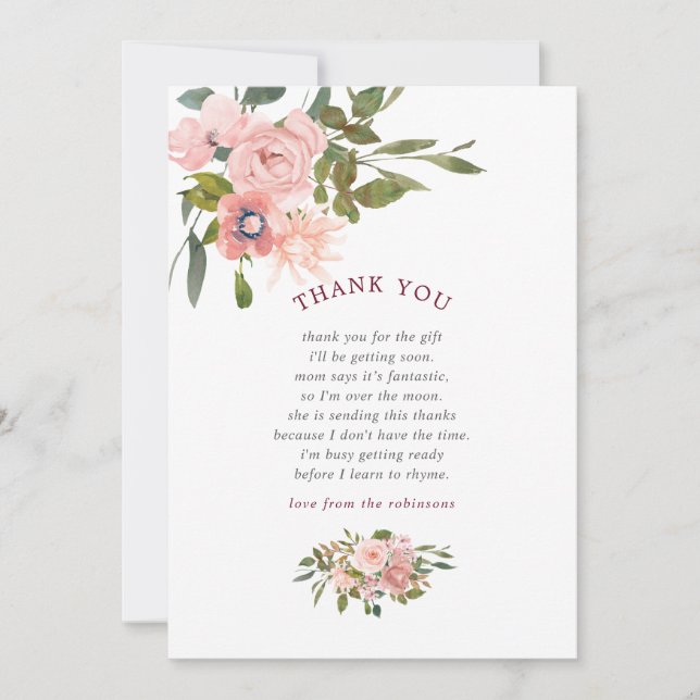 Tarjeta De Agradecimiento Floral Rubor y Burgundy Baby Shower Gracias (Anverso)