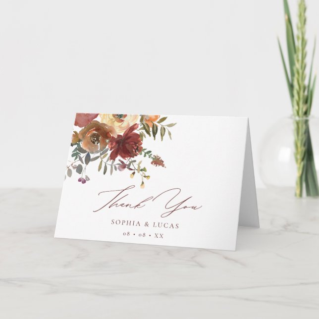 Tarjeta De Agradecimiento Floral Rust Burgundy Fall Wedding (Anverso)