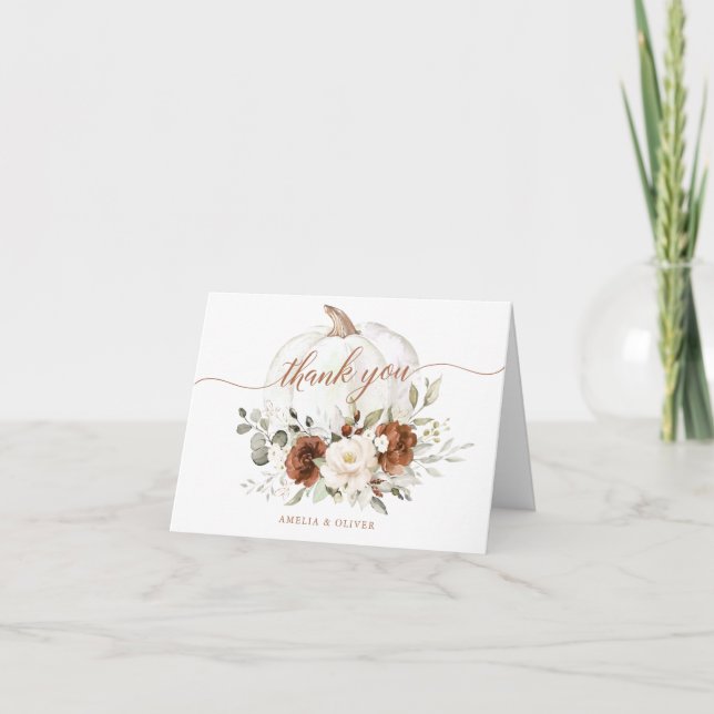 Tarjeta De Agradecimiento Floral Rust Cream Pumpkin Fall Wedding Gracias (Anverso)