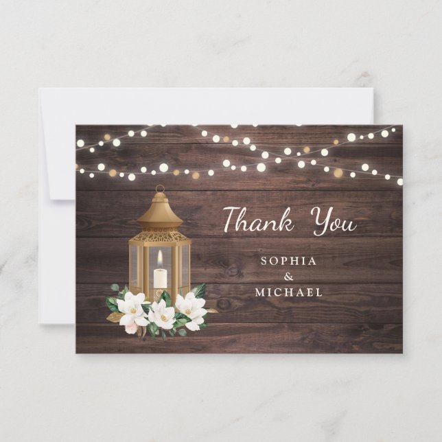 Tarjeta De Agradecimiento Floral Rustic Wood Lantern Magnolia String Luces (Anverso)