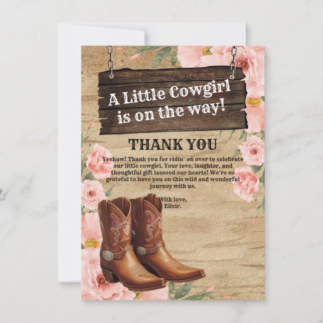 Tarjeta De Agradecimiento Floral Rústica Cowgirl Boots Flat Gracias Card (Anverso)