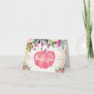 Tarjeta De Agradecimiento Floral Rústico Otoño Calabaza Rosa Brillo Dorado