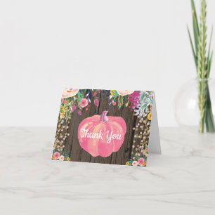 Tarjeta De Agradecimiento Floral Rústico Otoño Calabaza Rosa Brillo Dorado
